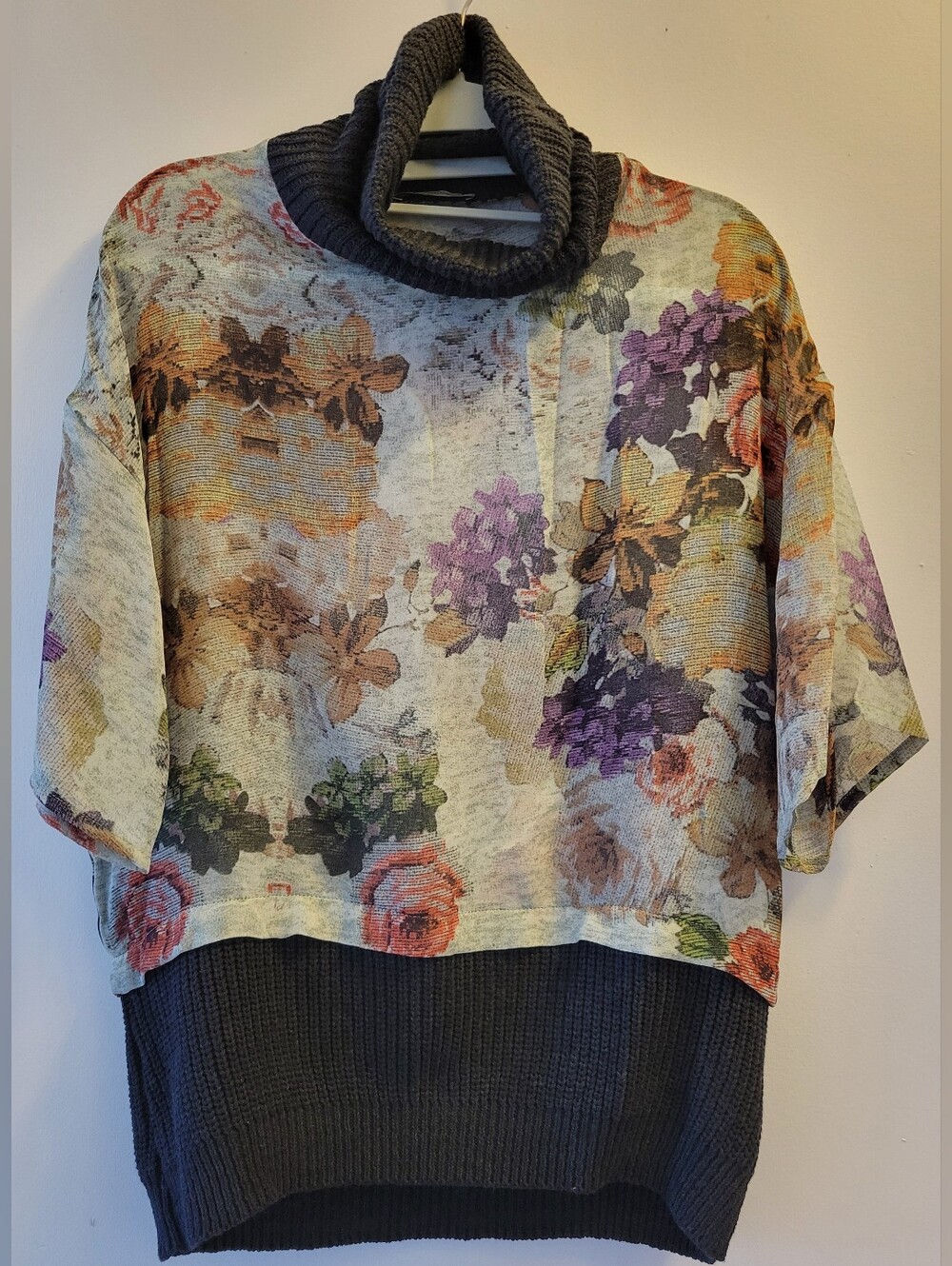 Zara Boho Floral Tapestry Layered Knit Turtleneck Blouse Top M